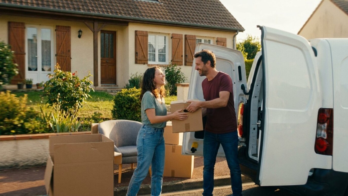 Couple chargeant cartons utilitaire déménagement Saint-Étienne Box Réservé