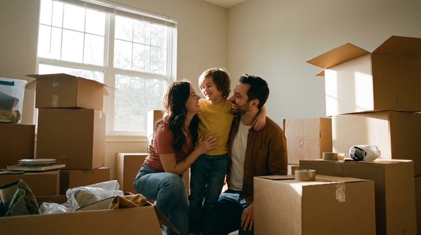 Famille déménagement entourée de cartons séjour Loire 42