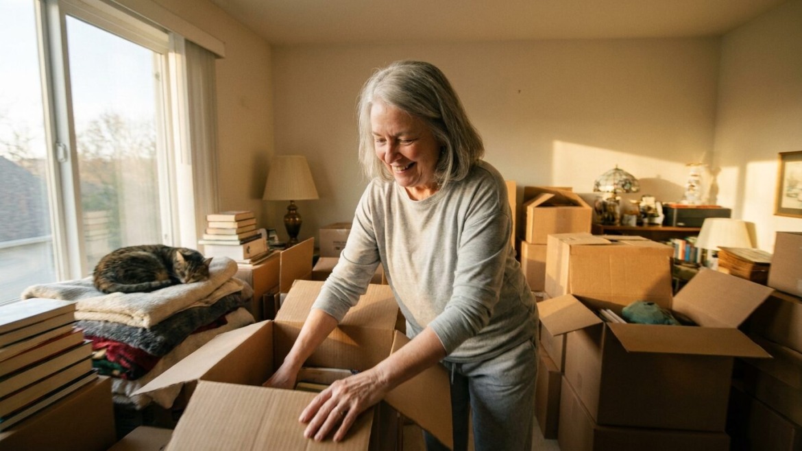 Senior souriante triant cartons garde-meuble succession Loire Box Réservé